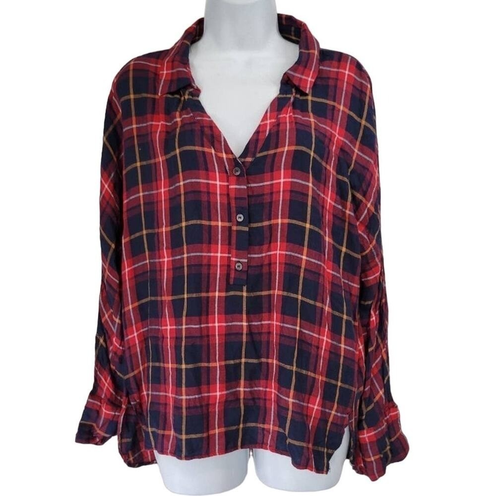 ZARA Red Navy Plaid Tunic Shirt Long Sleeve Button Up Trafaluc Collection